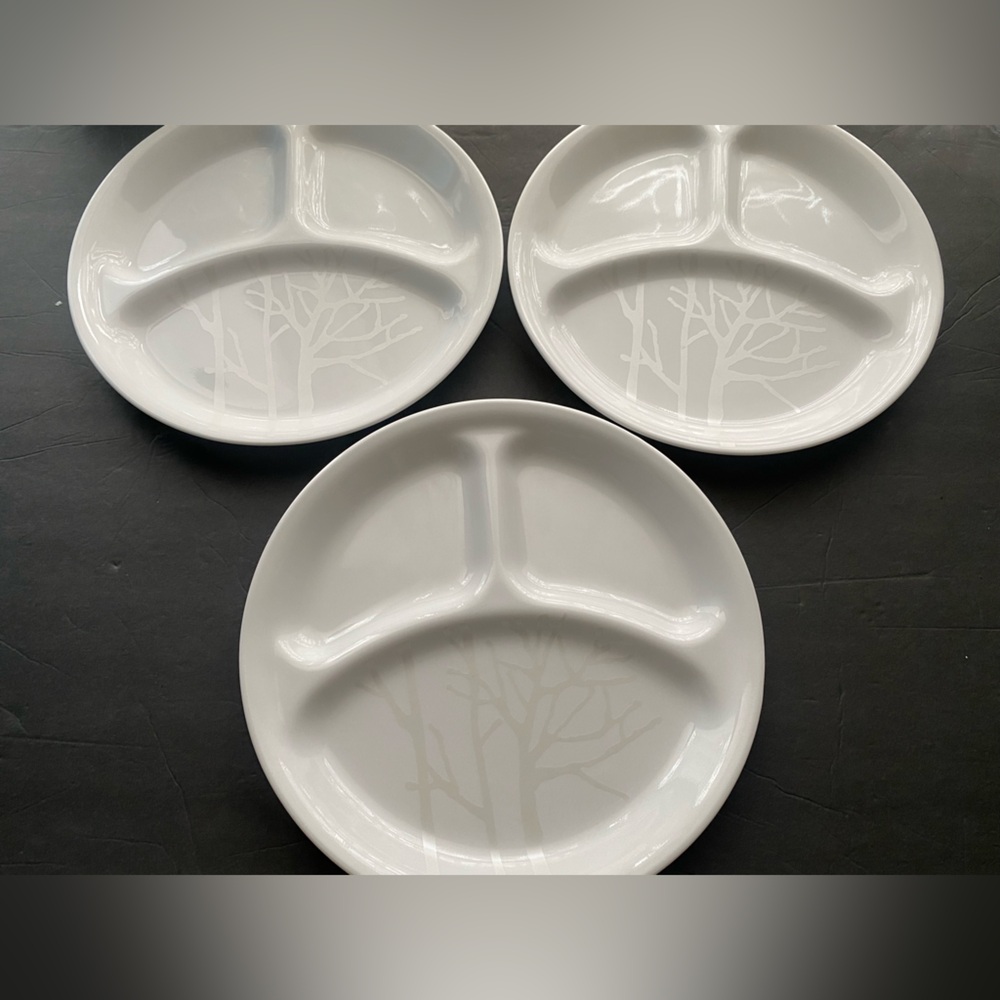 Corelle Vitrelle FROST tree silhouette Round Divided sectional plates 10.25 inch